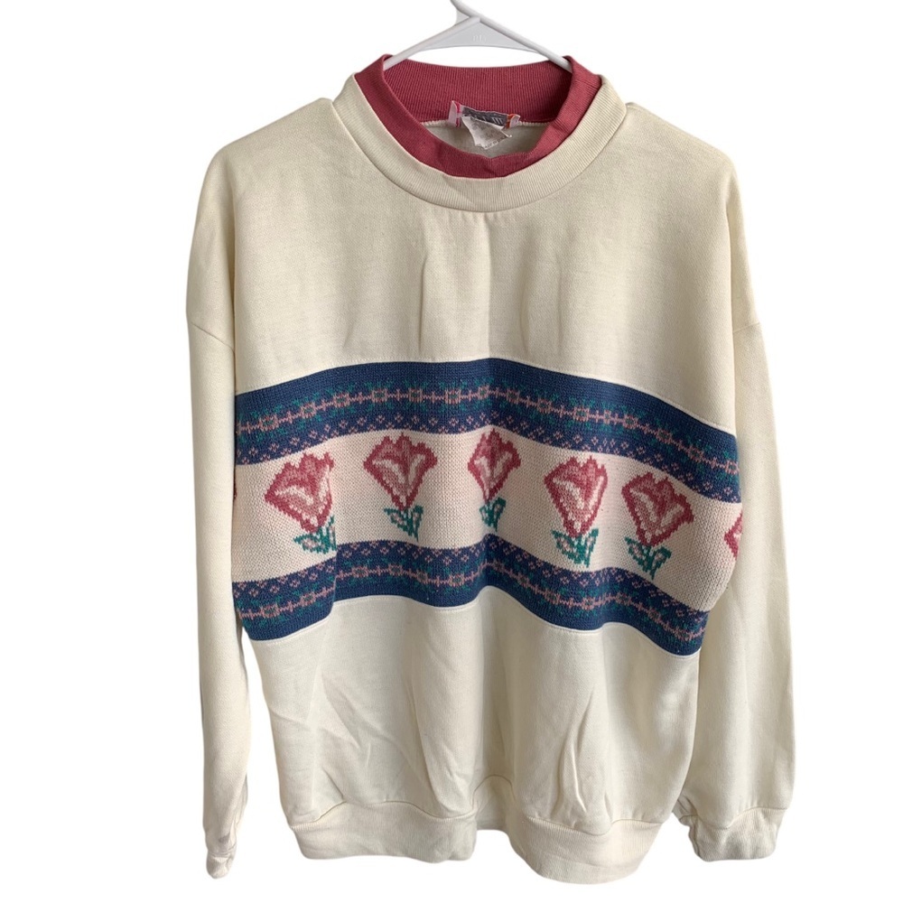 Vintage Floral Crewneck Sweatshirt Adult Large 90s Sweater Act 3 Tag Made USA - Picture 1 of 7